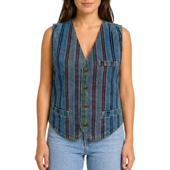 Dreams Jackets & Blazers - 90s Multicolor Stripe Vest Small Denim Boho Indie Button Hippie Western Festival